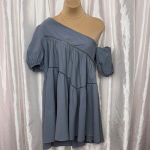 99. One Shoulder Puff Sleeve Blue Babydoll Dress - Size M